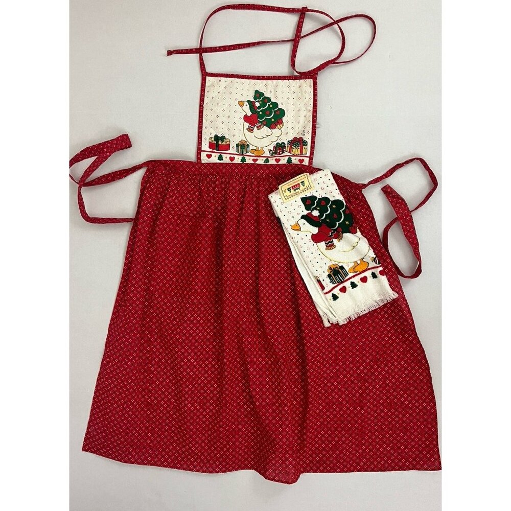 Vintage Happy Holidays Printed Towel Apron Set Duck Christmas Trad Wife Kitchen
